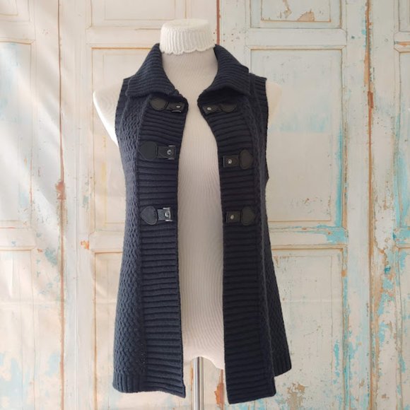 Style & Co petite cable knit cardigan button sleeveless sweater/sizePM/navy blue - Picture 4 of 8